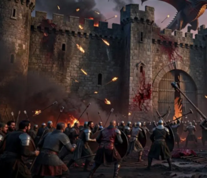 Középkori Westeros erőd ostroma sárkánnyal a Game of Thrones: Dragonfire hangulatában