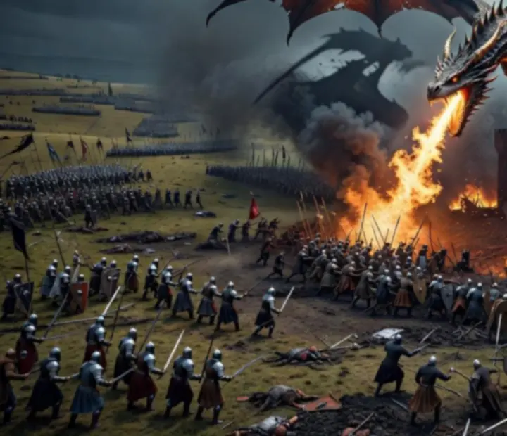 Sárkány csatatér felett, lángokkal és erődítményekkel a Game of Thrones: Dragonfire harcai során