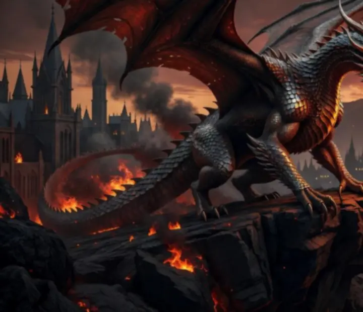 Legendás sárkány Game of Thrones: Dragonfire stílusban, lángokkal és sötét égbolttal