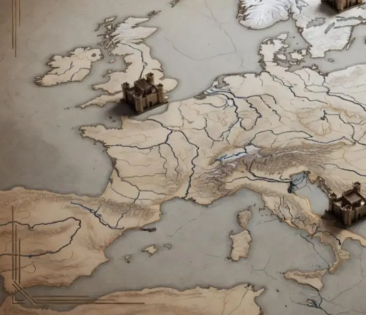 Stilizált Westeros-térkép stratégiai zónákkal, háborús ikonokkal és királyságjelölésekkel a Game of Thrones: Dragonfire játékmenetében